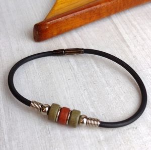 Men's Silver & Earth Tone Beaded Rubber Cord Casual Wear Bracelet